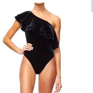 Good American Ruffle One-Shoulder Velvet Bodysuit Size 2 | M EUC